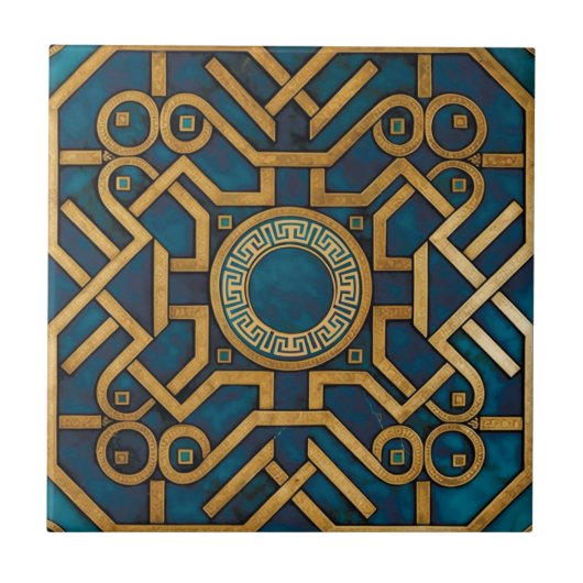 Luxe Marmer Art Deco Blauwe Gouden Griekse Sleutel Tegeltje (Voorkant)