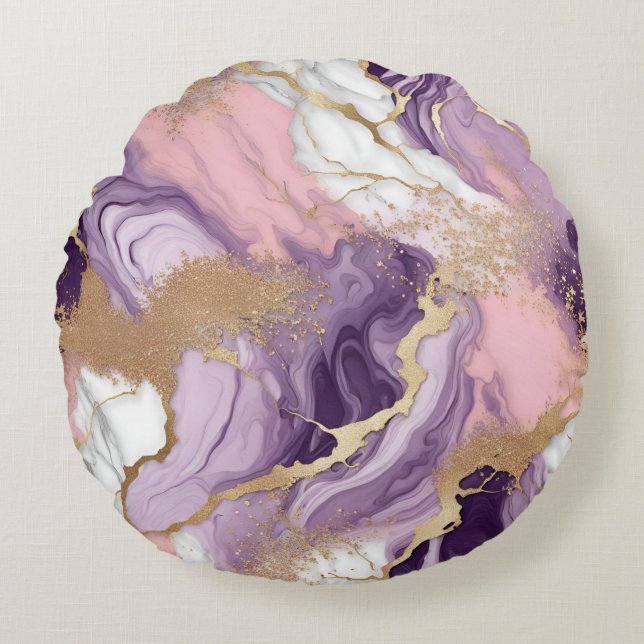 Luxe Marmer Glitter Roze Paars Goud Rond Kussen (Voorkant)