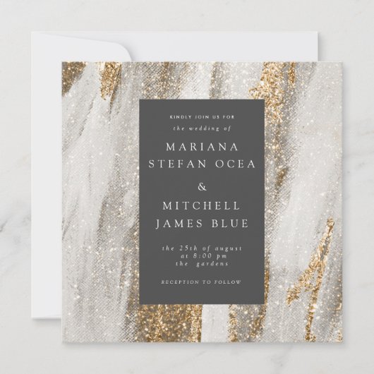 Luxe marmer Gold Strokes wit en grijs Invitat (Voorkant)