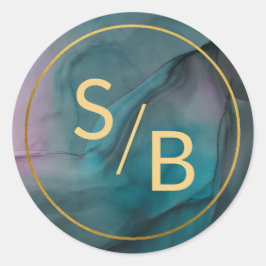 Luxe marmer Ink Wash Jewel Tones met Monogram Ronde Sticker