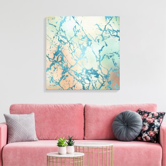 Luxe marmer | Mooie geel en koraal Blauwgroen ader Canvas Afdruk (Insitu (Woonkamer))