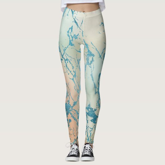 Luxe marmer | Mooie geel en koraal Blauwgroen ader Leggings (Voorkant)