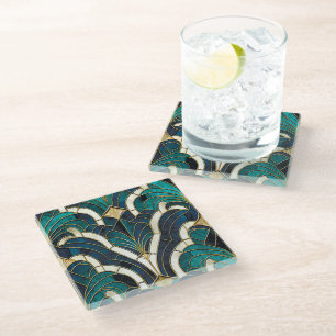 Luxe Marmer Mozaïek Art Deco Blauw Goud & Teal Glazen Onderzetter