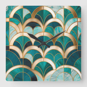 Luxe Marmer Mozaïek Art Deco Turquoise Blauw Goud Vierkante Klok