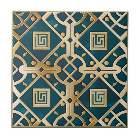 Luxe Marmeren Art Deco Grieks Key Zee Groen Goud Tegeltje (Voorkant)