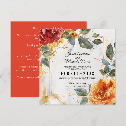Luxe marmeren dromen: Oranje Roos elegantie Save The Date (Voorkant / Achterkant)