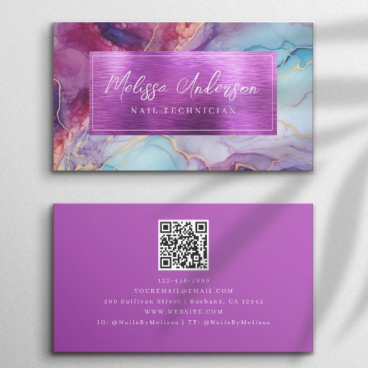 Luxe Marmeren Folie Paarse QR Code Visitekaartje