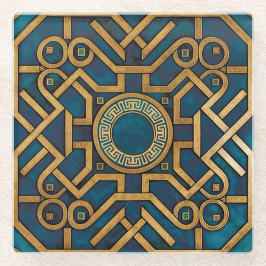 Luxe Marmeren kunst Deco Blauw Goud Griekse Sleute Glazen Onderzetter (Voorkant)