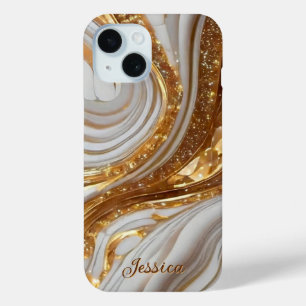 Luxe Marmeren Moeder van Parel Gouden Aderen Monog iPhone 15 Case