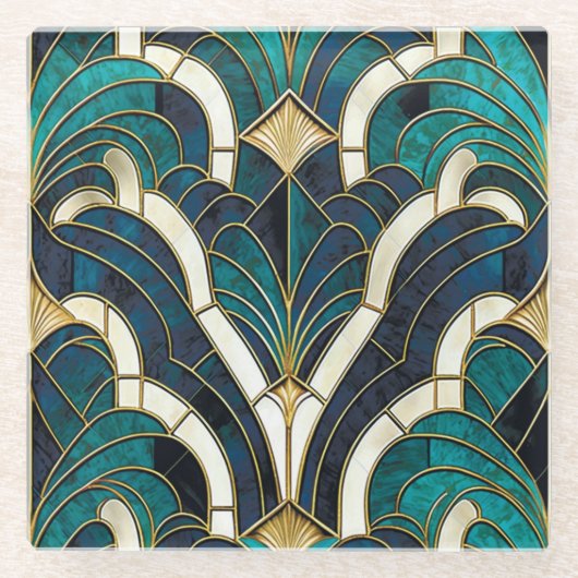 Luxe Marmeren Mozaïek Art Deco Blauw Goud & Blauwg Glazen Onderzetter (Voorkant)