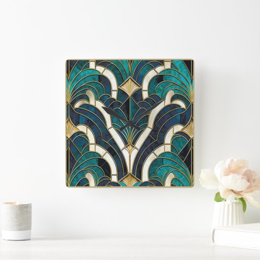 Luxe Marmeren Mozaïek Art Deco Blauw Goud & Blauwg Vierkante Klok (Huis)