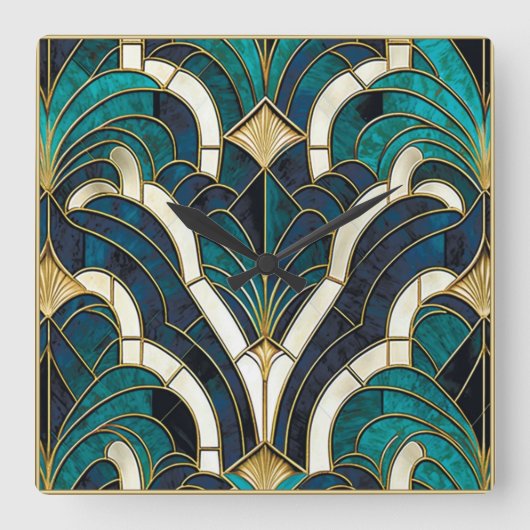 Luxe Marmeren Mozaïek Art Deco Blauw Goud & Blauwg Vierkante Klok (Voorkant)