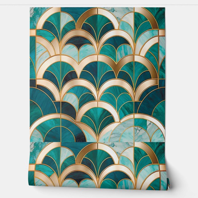 Luxe Marmeren Mozaïek Art Deco Turquoise Blue Gold Behang (Afrollen)