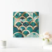 Luxe Marmeren Mozaïek Art Deco Turquoise Blue Gold Vierkante Klok (Huis)