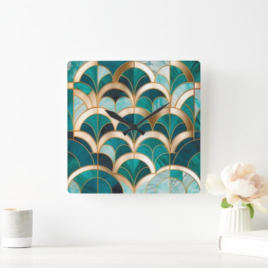 Luxe Marmeren Mozaïek Art Deco Turquoise Blue Gold Vierkante Klok (Huis)