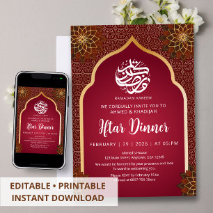 Luxe Maroon Gouden Bloem Mandala Iftar Uitnodiging