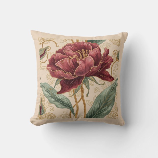 Luxe, Maroon ,Gouden Bloemen Ontwerp Kunst  Kussen (Voorkant)