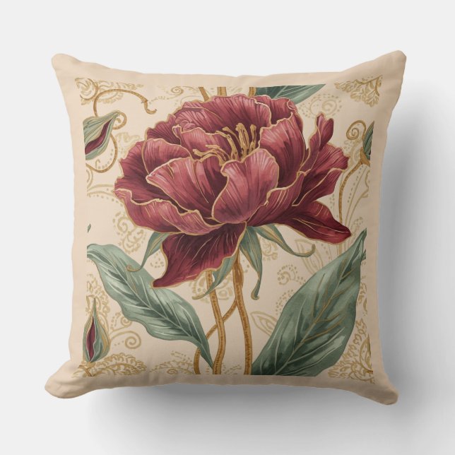 Luxe, Maroon ,Gouden Bloemen Ontwerp Kunst  Kussen (Voorkant)