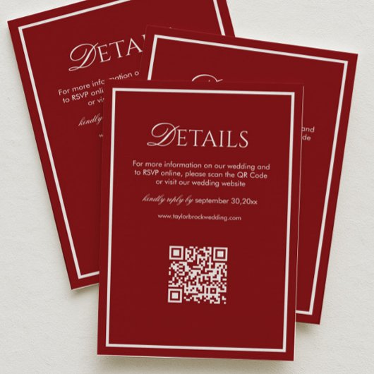 Luxe Maroon Huwelijksdetails QR-code Informatiekaartje