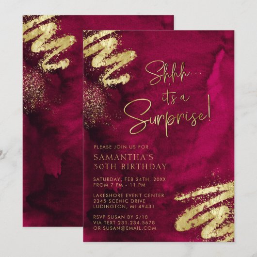 Luxe Maroon Rood en Goud Verrassing Verjaardagsfee Kaart (Voorkant / Achterkant)