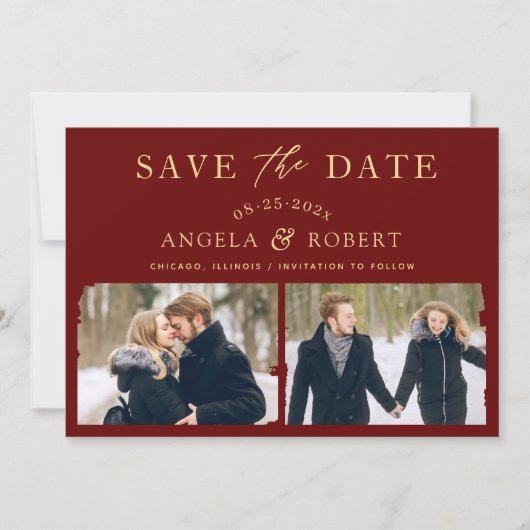 Luxe Maroon Rood Goud | Kwaststreek 2 Foto Save The Date (Voorkant)