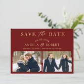Luxe Maroon Rood Goud | Kwaststreek 2 Foto Save The Date (Staand voorkant)