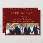 Luxe Maroon Rood Goud | Kwaststreek 2 Foto Save The Date (Voorkant / Achterkant)