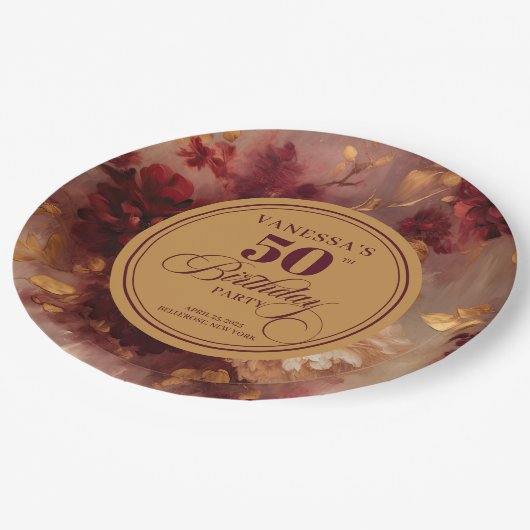 Luxe Marsala Blush Gouden Bloemen 50e Verjaardag Papieren Bordje (Gekanteld)