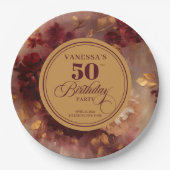 Luxe Marsala Blush Gouden Bloemen 50e Verjaardag Papieren Bordje (Voorkant)