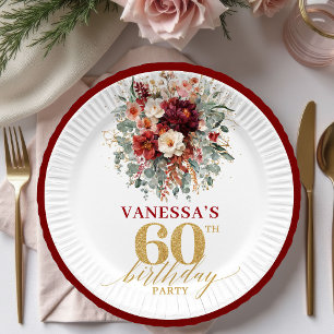 Luxe Marsala Goud Bloemrijke Herfst 60e Verjaardag Papieren Bordje