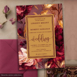  Luxe Marsala Gouden Bloemen Bruiloftsuitnodiging Kaart