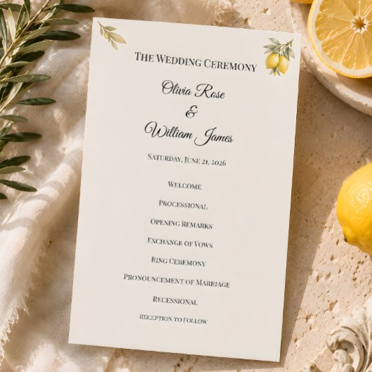 Luxe mediterrane huwelijksceremonie programmakaart