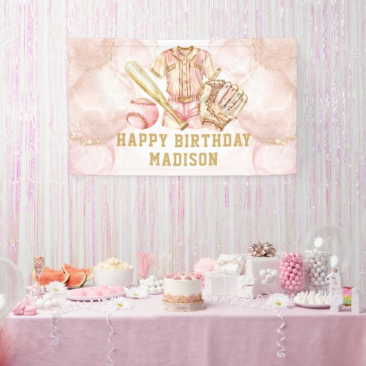 Luxe Meisje Verjaardag Roze Goud Baseball Spandoek (Feest)