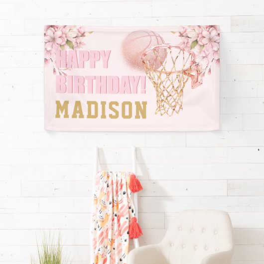 Luxe Meisje Verjaardag Roze Goud Basketbal Spandoek (Insitu)