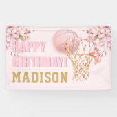 Luxe Meisje Verjaardag Roze Goud Basketbal Spandoek (Horizontaal)