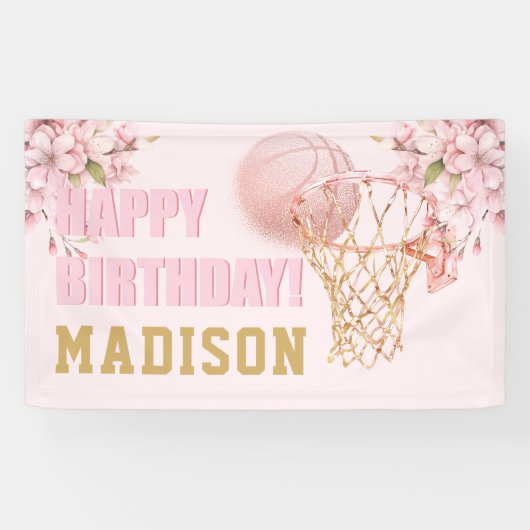 Luxe Meisje Verjaardag Roze Goud Basketbal Spandoek (Horizontaal)