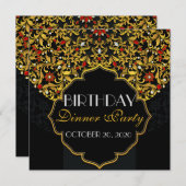Luxe met juwelen zwart rood goud verjaardagsdiner kaart (Voorkant / Achterkant)