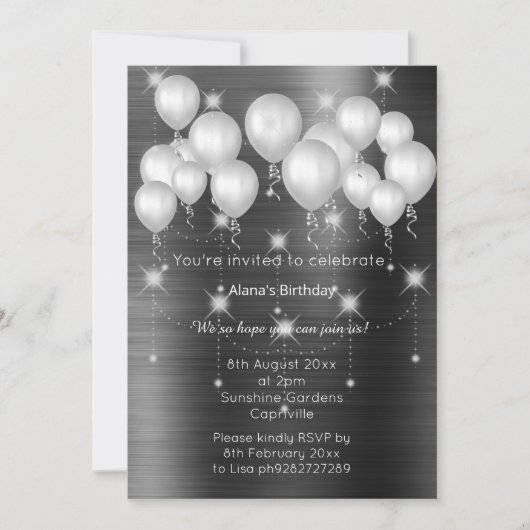 LUXE METALLIC BLACK BALLOON BIRTHDAY INVITATIE KAART (Voorkant)