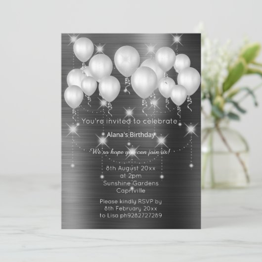 LUXE METALLIC BLACK BALLOON BIRTHDAY INVITATIE KAART (Staand voorkant)