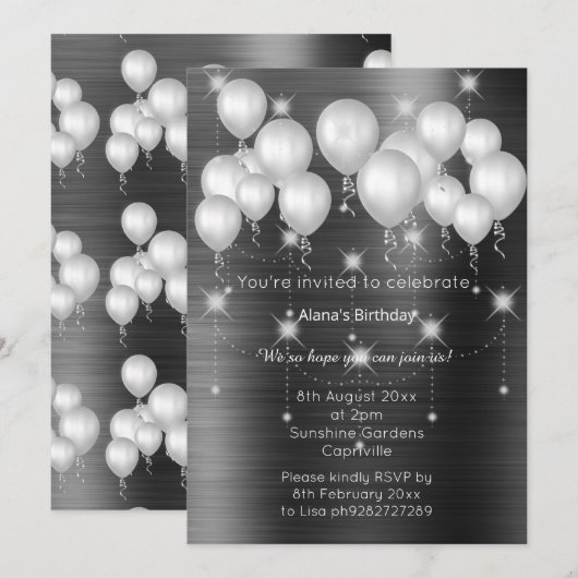LUXE METALLIC BLACK BALLOON BIRTHDAY INVITATIE KAART (Voorkant / Achterkant)