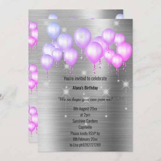 LUXE METALLIC SILVER BALLOON BIRTHDAY INVITATIE KAART (Voorkant / Achterkant)