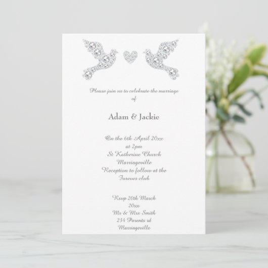 Luxe Metallic Silver Love Dove Wedding Invitation Kaart (Staand voorkant)
