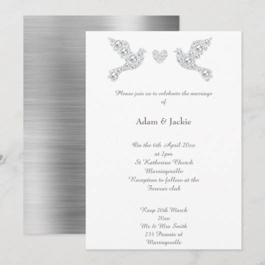 Luxe Metallic Silver Love Dove Wedding Invitation Kaart (Voorkant / Achterkant)