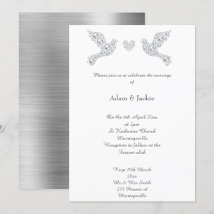 Luxe Metallic Silver Love Dove Wedding Invitation Kaart