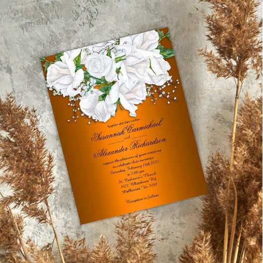 Luxe Metallic Sinaasappel en witte rozen bruiloft Briefkaart