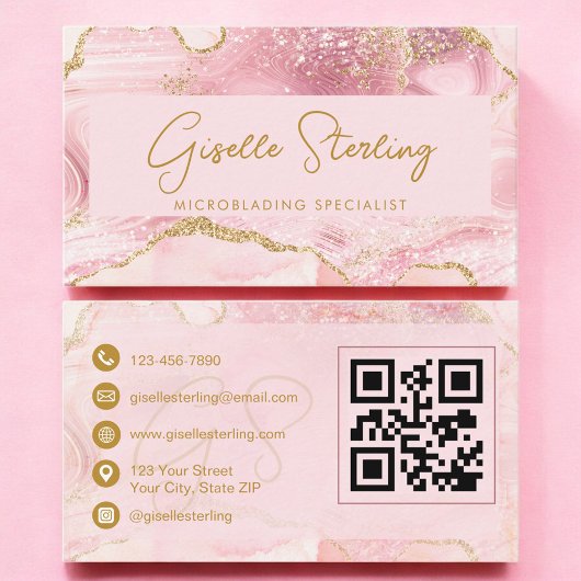 Luxe Microblading Blush Pink Gold Agate QR Code Visitekaartje