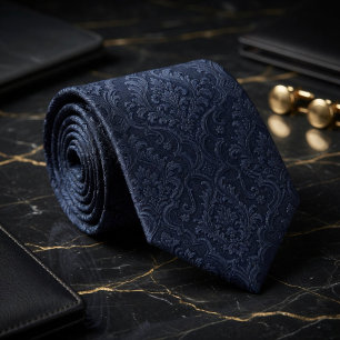 Luxe Middernacht Navy Zijde Jacquard Barok Damast Stropdas