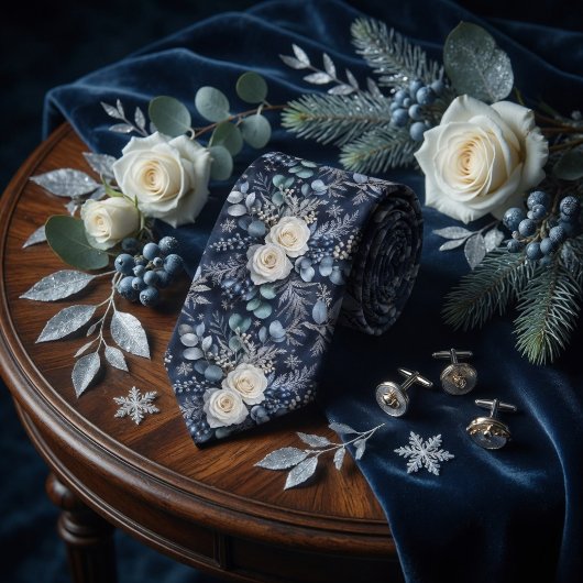 Luxe Middernachtblauwe Winterroos Eucalyptus Bloem Stropdas