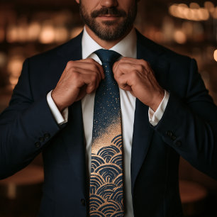 Luxe Midnight Navy Blauwe Gouden Art Deco Golf  Stropdas