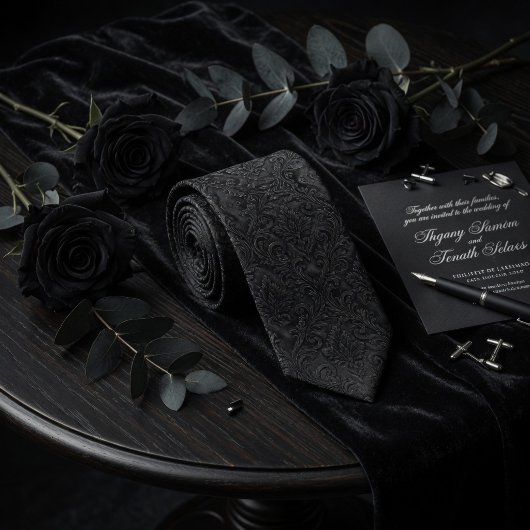 Luxe Midnight Zwarte Geprägde Damast Bloemmotief Stropdas